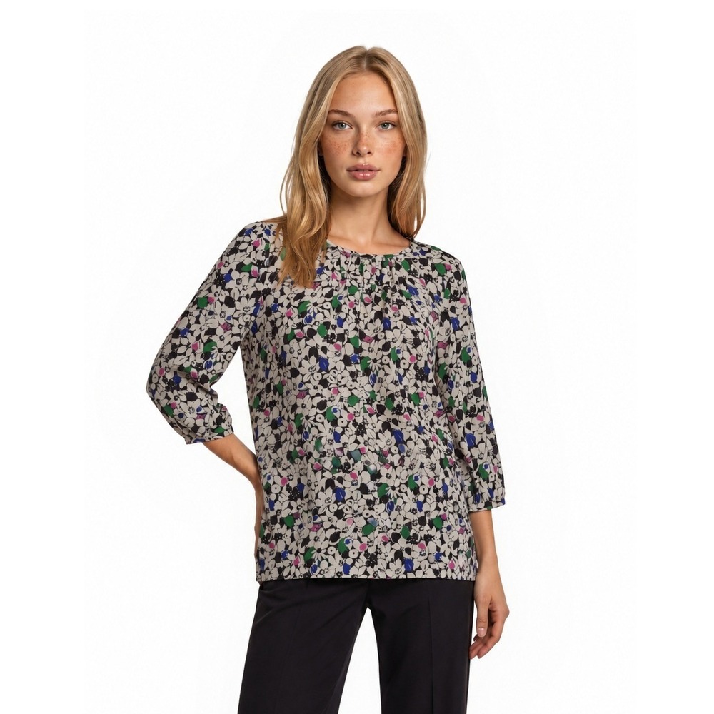 Talbots Blouse Women's Size Small Petite SP White Floral‎ Pleated Neck Top